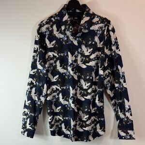 Express Men’s Navy Blue Button-Down Shirt with White Crane Print